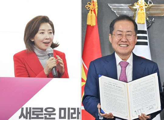 지난 12월16일 이민찬 국민의힘 상근부대변인의 강원 춘천·철원·화천·양구을 제22대 총선 예비후보 선거사무소 개소식에 참석한 나경원(왼쪽) 전 자유한국당 원내대표가 발언하고 있다. 지난 12월14일 국방부 청사에서 신원식 국방부 장관과 '도심 군부대 이전을 위한 민·군상생 업무협약'을 체결한 홍준표(오른쪽) 대구광역시장.<이민찬 국민의힘 상근부대변인 페이스북 사진·연합뉴스 사진 갈무리>